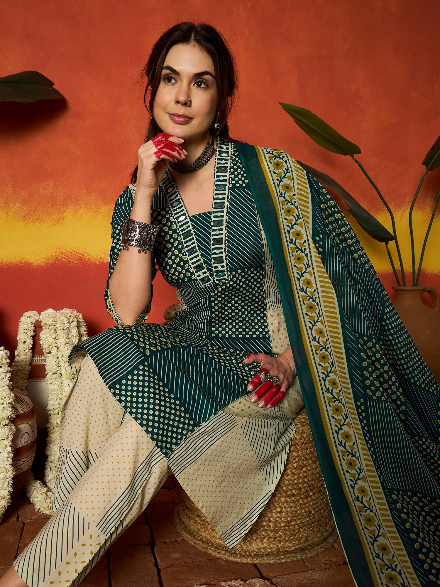 Women's Teal Printed Cotton Straight Kurta Pant Dupatta Set (KPDTEALRO