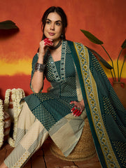 Stylum Women's Teal Printed Cotton Straight Kurta Pant Dupatta Set (KPDTEALROHTAK)