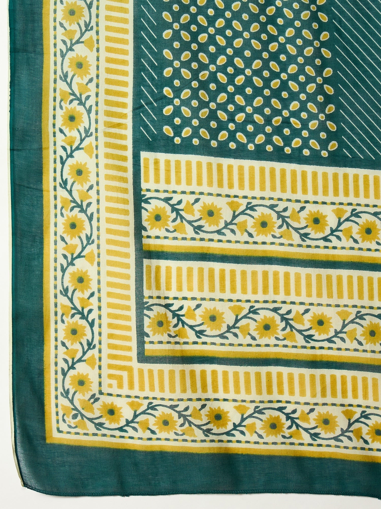 Women's Teal Printed Cotton Straight Kurta Pant Dupatta Set (KPDTEALRO