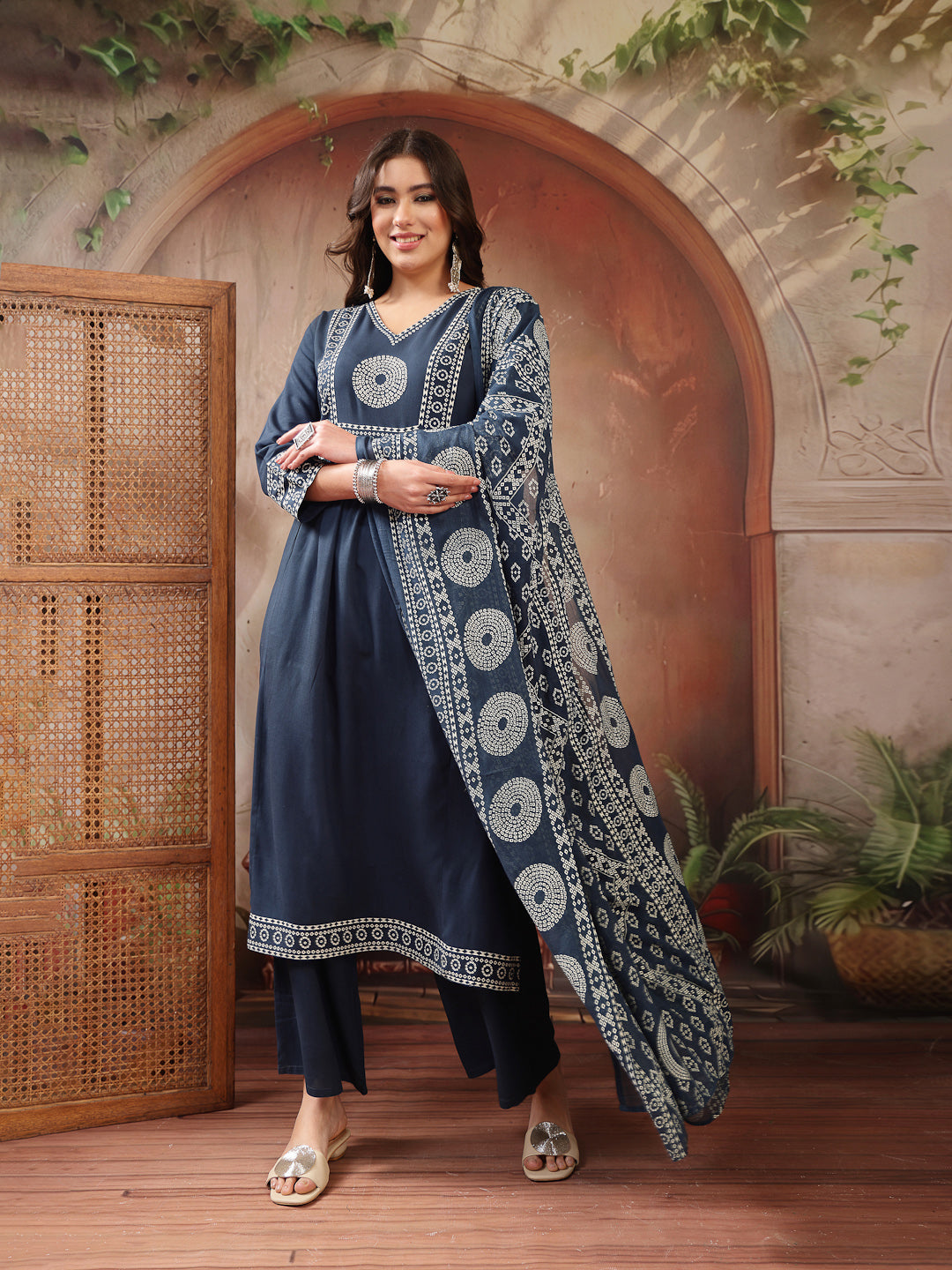 Women's Teal Solid Cotton A-Line Kurta Palazzo Dupatta Set (KPDTEALSNI
