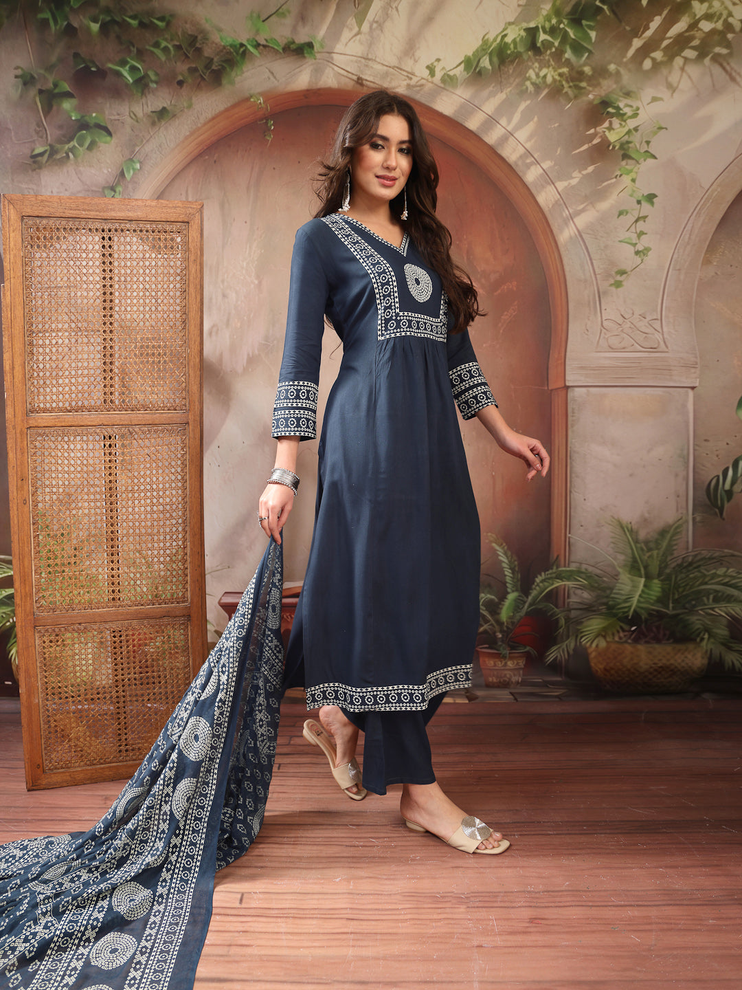 Women's Teal Solid Cotton A-Line Kurta Palazzo Dupatta Set (KPDTEALSNI
