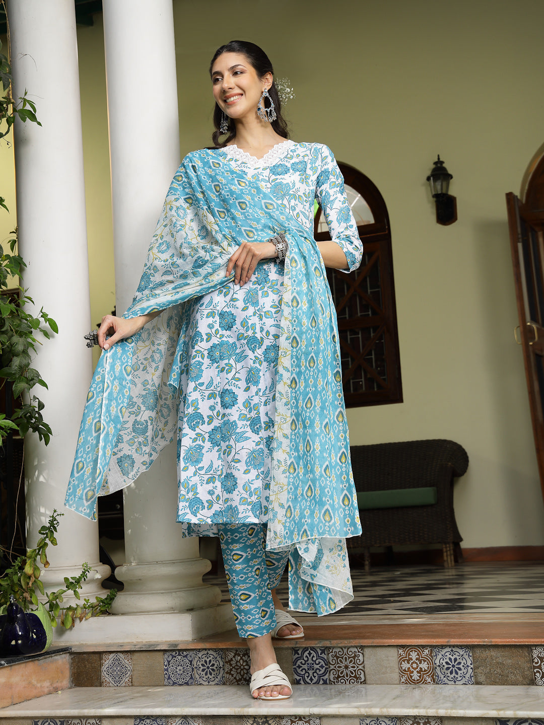 Women's Turquoise Floral Printed Cotton A-Line Kurta Pant Dupatta Set 
