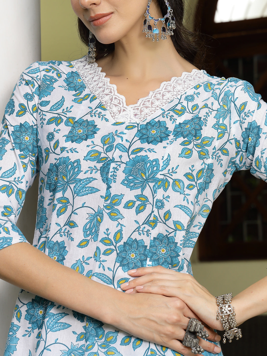 Women's Turquoise Floral Printed Cotton A-Line Kurta Pant Dupatta Set 