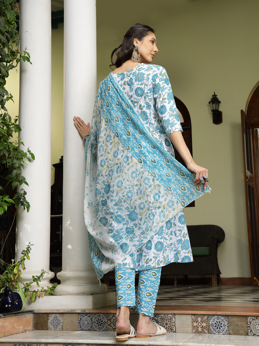 Women's Turquoise Floral Printed Cotton A-Line Kurta Pant Dupatta Set 
