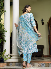 Stylum Women's Turquoise Floral Printed Cotton A-Line Kurta Pant Dupatta Set (KPDTURQGULZAR)
