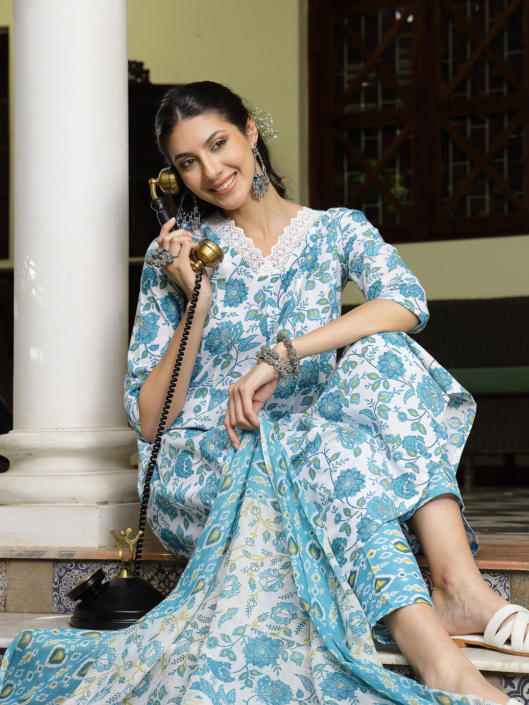 Women's Turquoise Floral Printed Cotton A-Line Kurta Pant Dupatta Set 