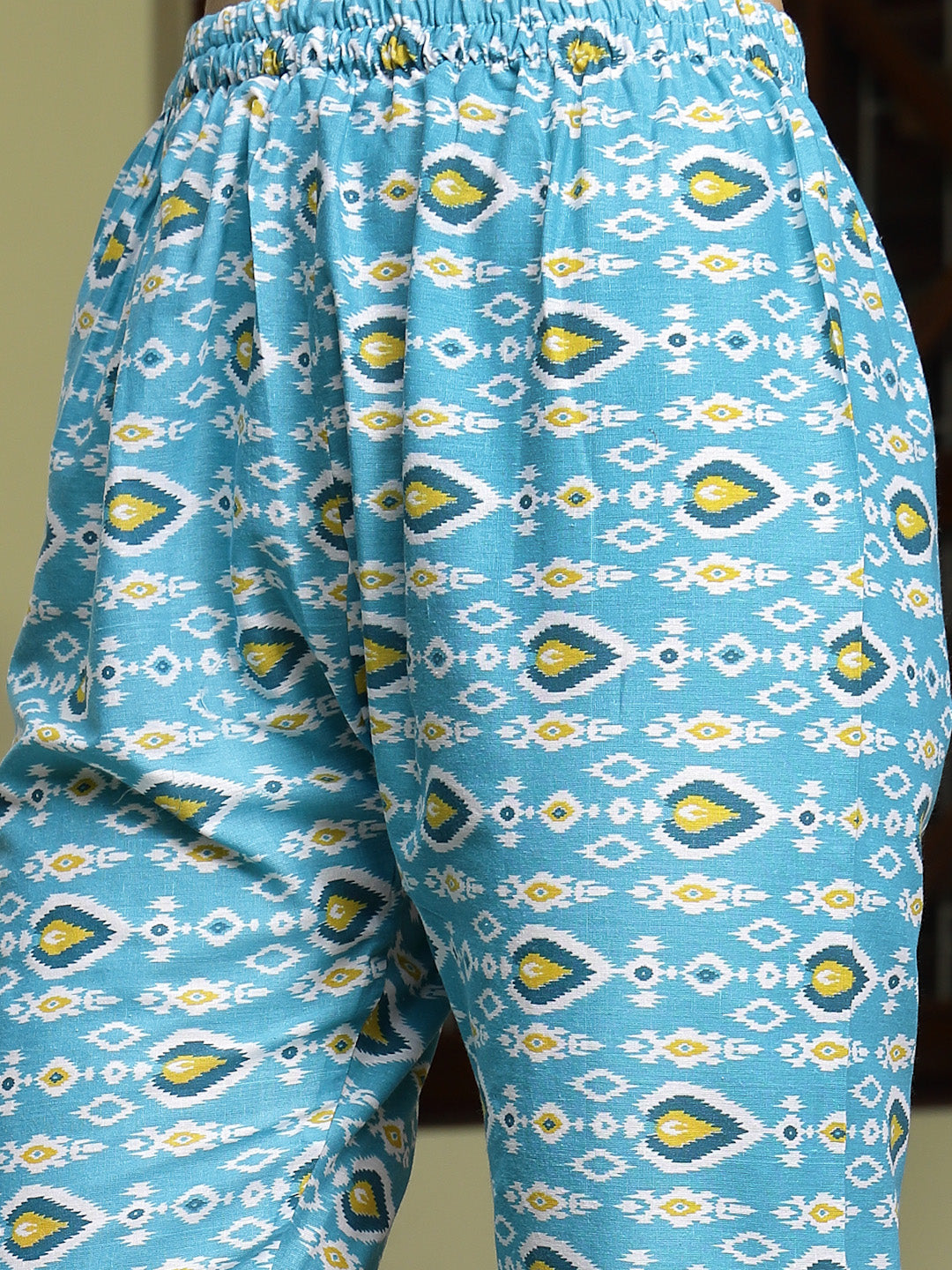 Women's Turquoise Floral Printed Cotton A-Line Kurta Pant Dupatta Set 