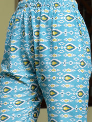 Stylum Women's Turquoise Floral Printed Cotton A-Line Kurta Pant Dupatta Set (KPDTURQGULZAR)