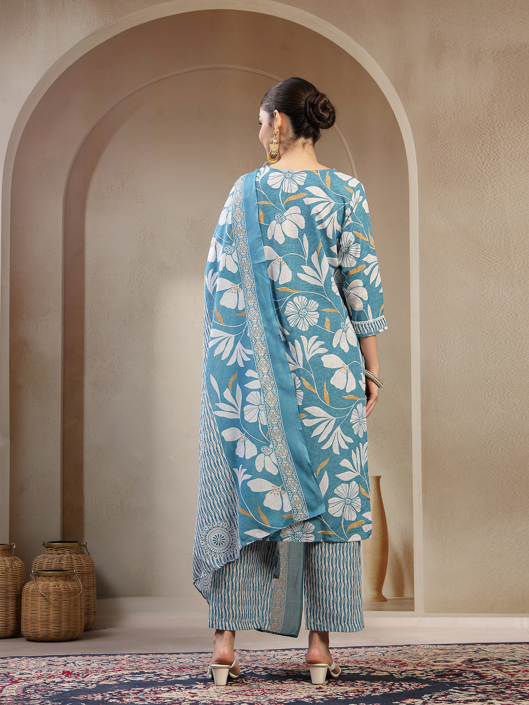 Stylum Women's Turquoise Floral Printed Cotton Straight Kurta Pant Dupatta Set (KPDTURQMELON)