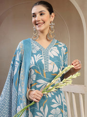 Stylum Women's Turquoise Floral Printed Cotton Straight Kurta Pant Dupatta Set (KPDTURQMELON)
