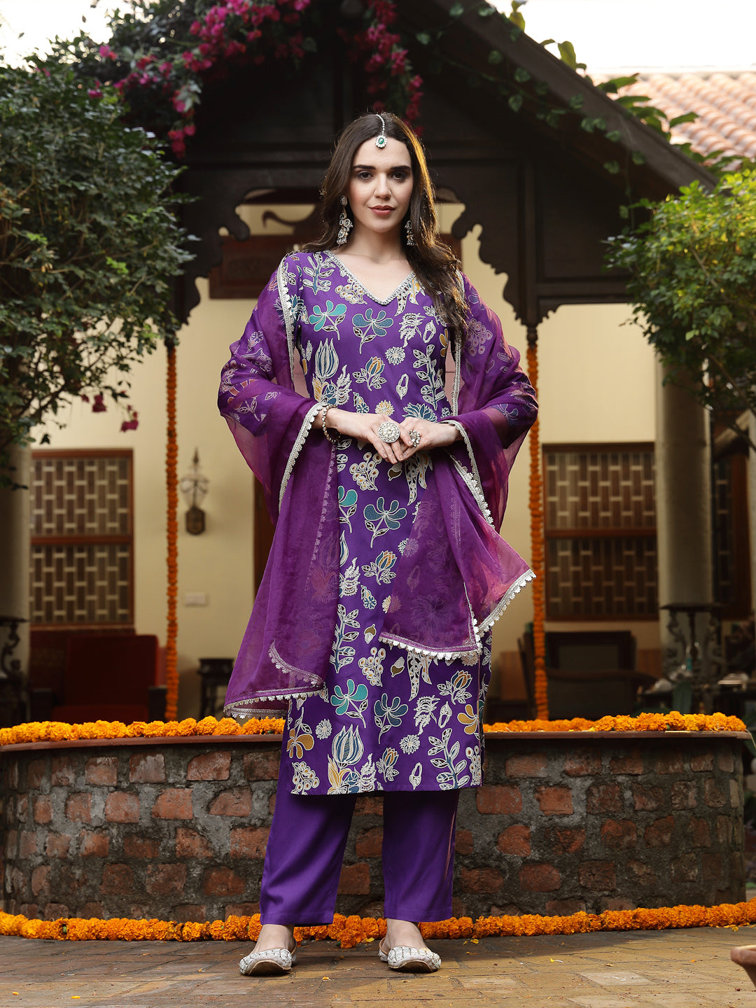 Women's Violet Floral Printed Rayon Straight Kurta Pant Dupatta Set (K