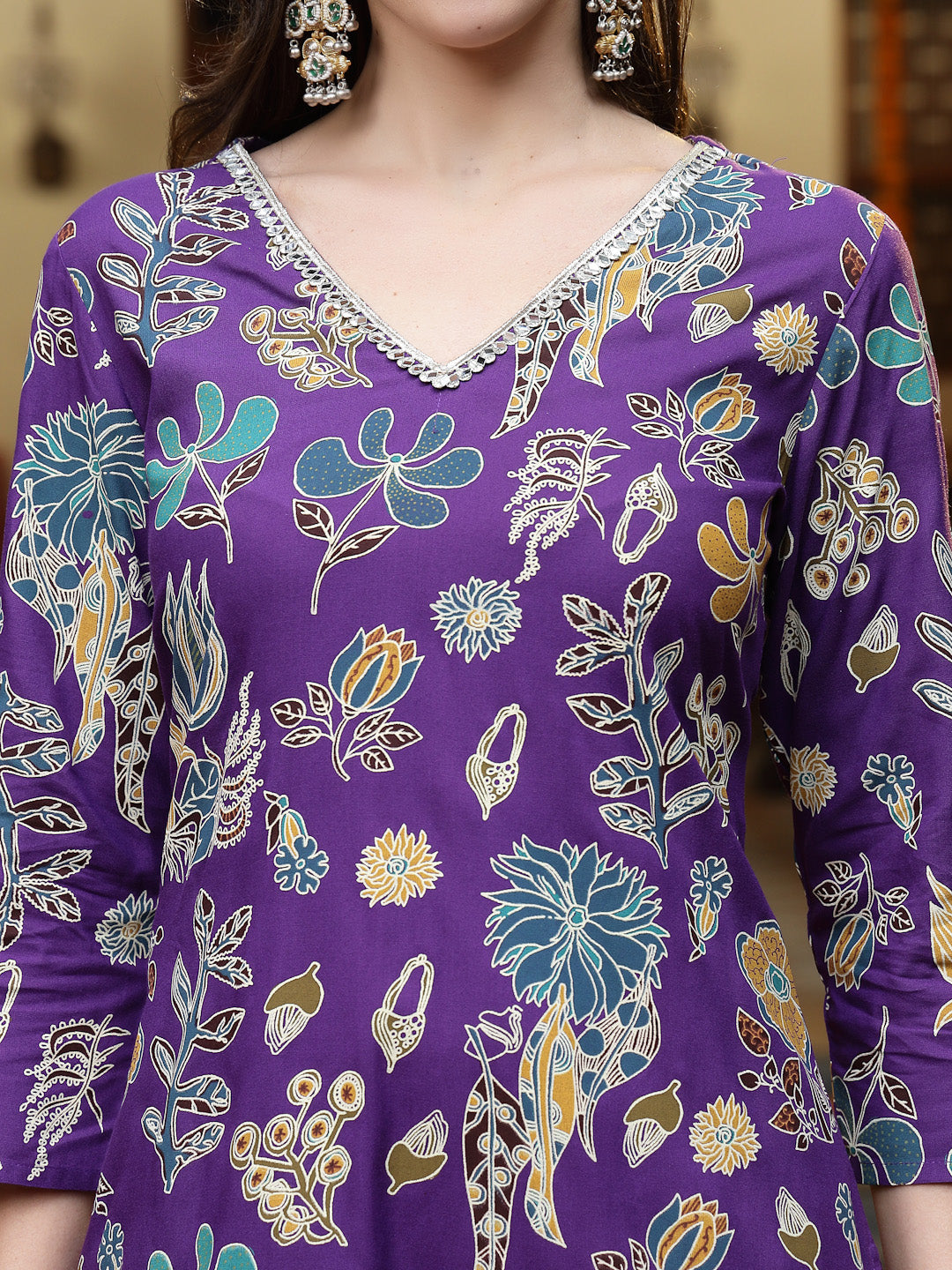 Women's Violet Floral Printed Rayon Straight Kurta Pant Dupatta Set (K