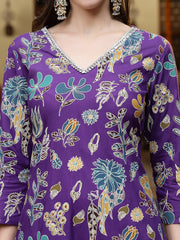 Stylum Women's Violet Floral Printed Rayon Straight Kurta Pant Dupatta Set (KPDVOILFRANCE)
