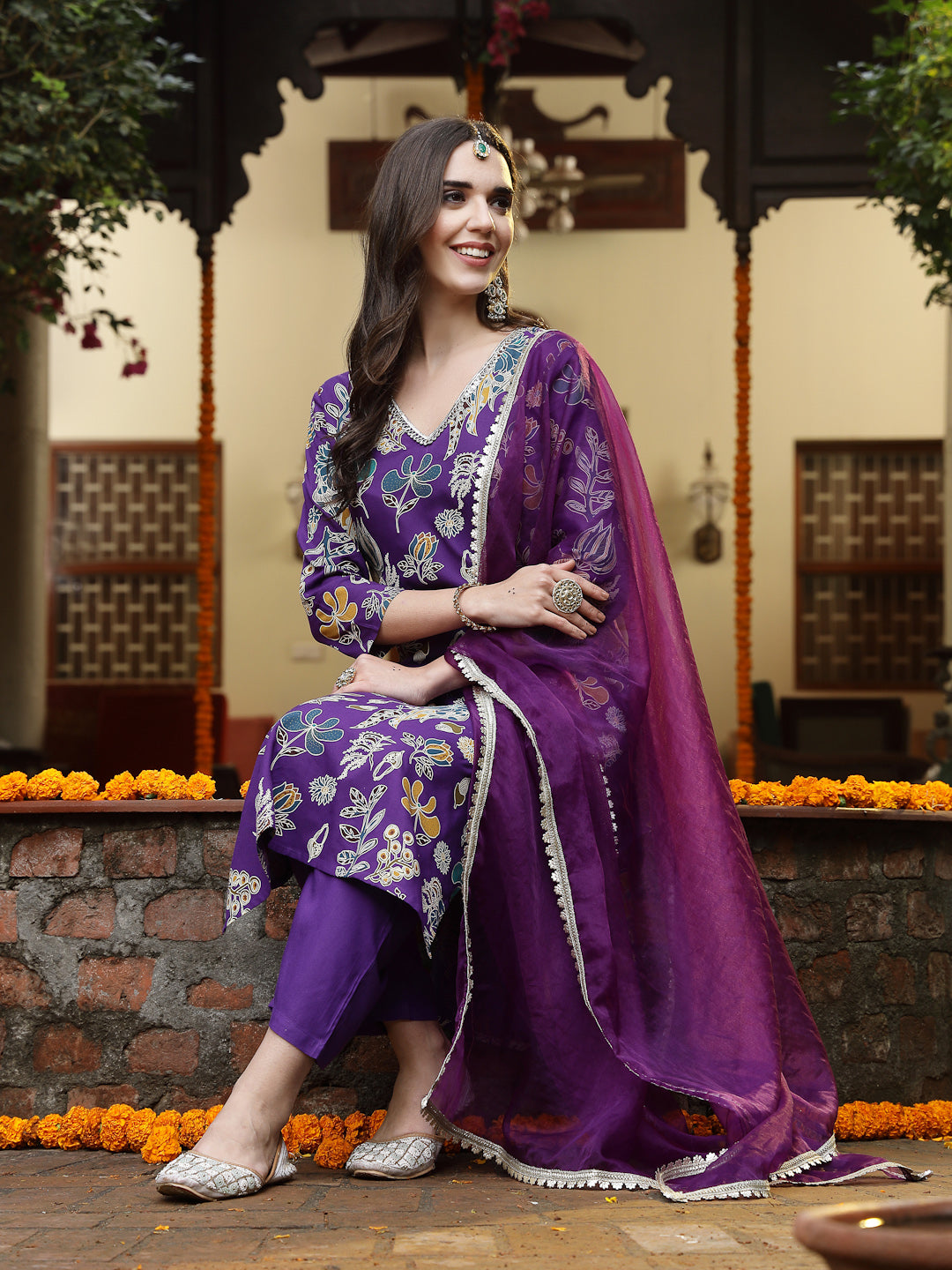 Women's Violet Floral Printed Rayon Straight Kurta Pant Dupatta Set (K