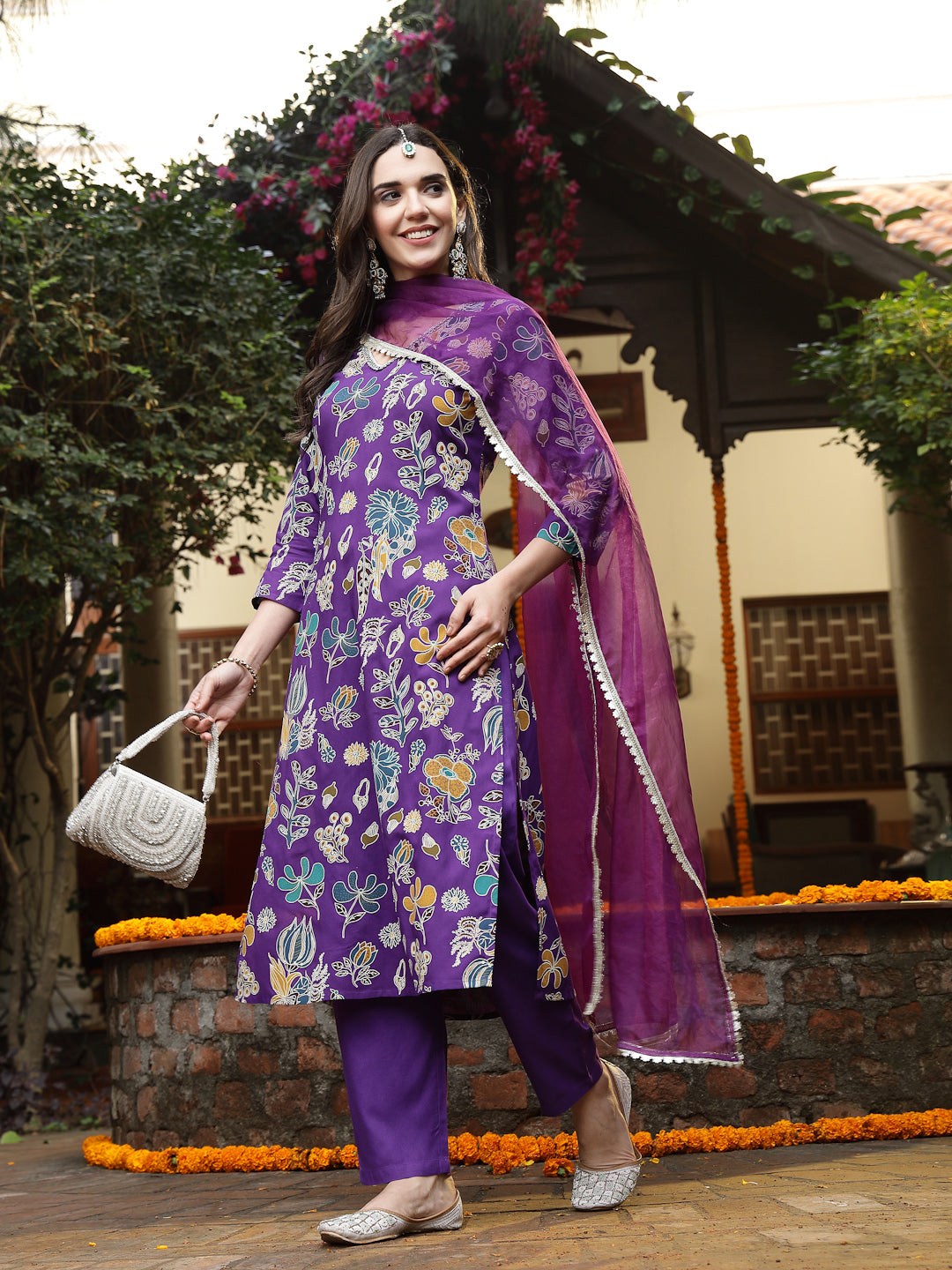 Women's Violet Floral Printed Rayon Straight Kurta Pant Dupatta Set (K