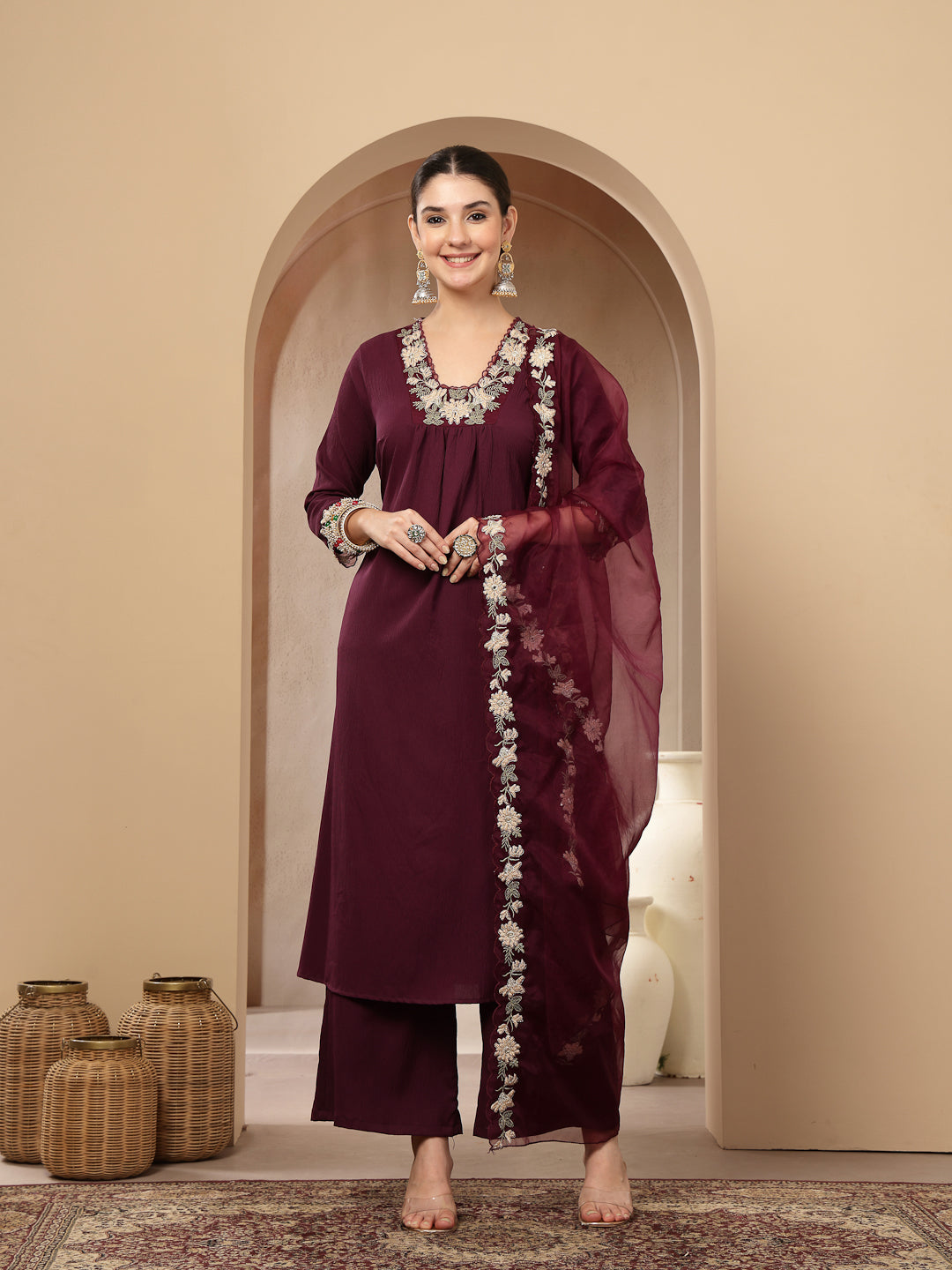 Women's Violet Solid & Embroidered Crepe A-Line Kurta Pant Dupatta Set