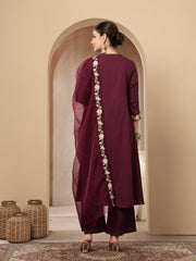 Stylum Women's Violet Solid & Embroidered Crepe A-Line Kurta Pant Dupatta Set (KPDVOILJAMA)