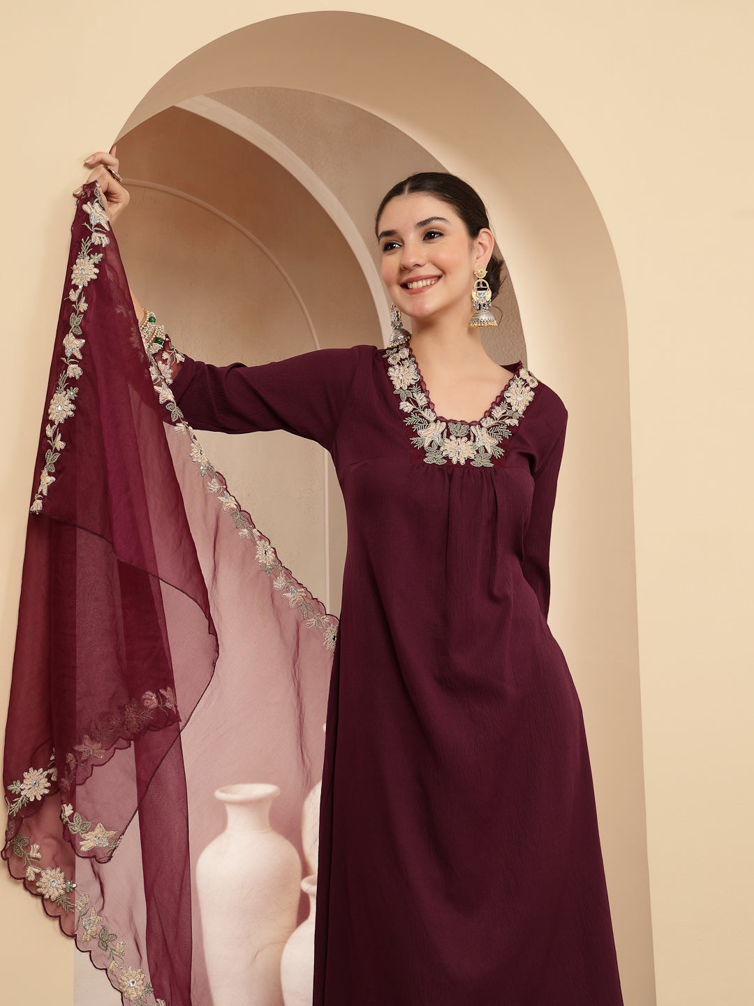 Women's Violet Solid & Embroidered Crepe A-Line Kurta Pant Dupatta Set