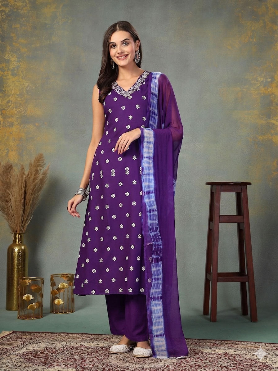 Women's Violet Floral Printed & Embroidered Rayon A-Line Kurta Pant Du
