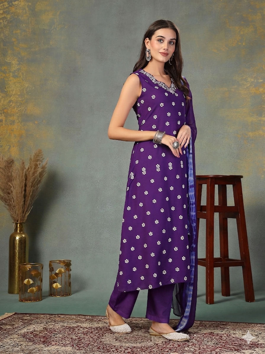Women's Violet Floral Printed & Embroidered Rayon A-Line Kurta Pant Du
