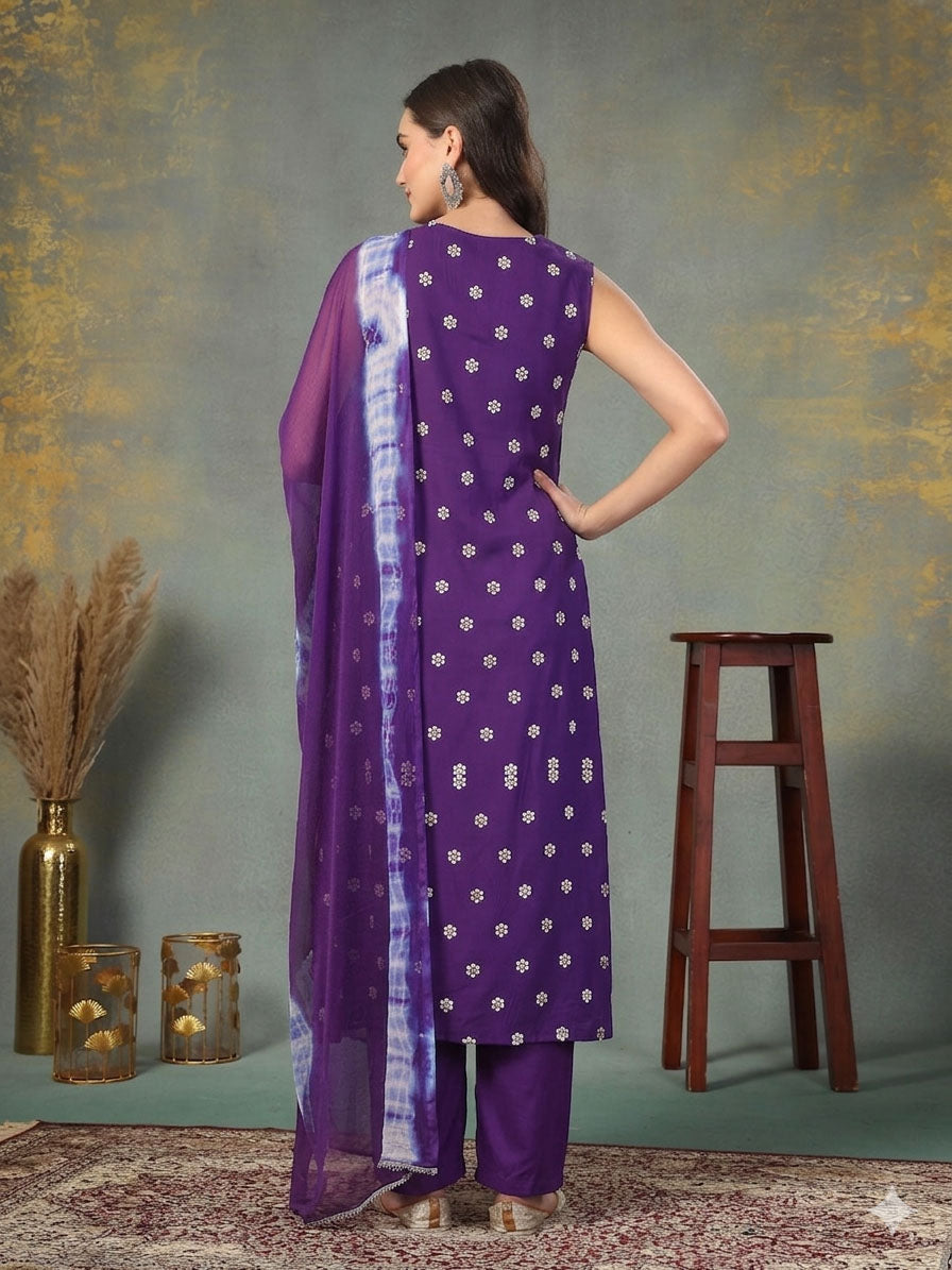 Women's Violet Floral Printed & Embroidered Rayon A-Line Kurta Pant Du