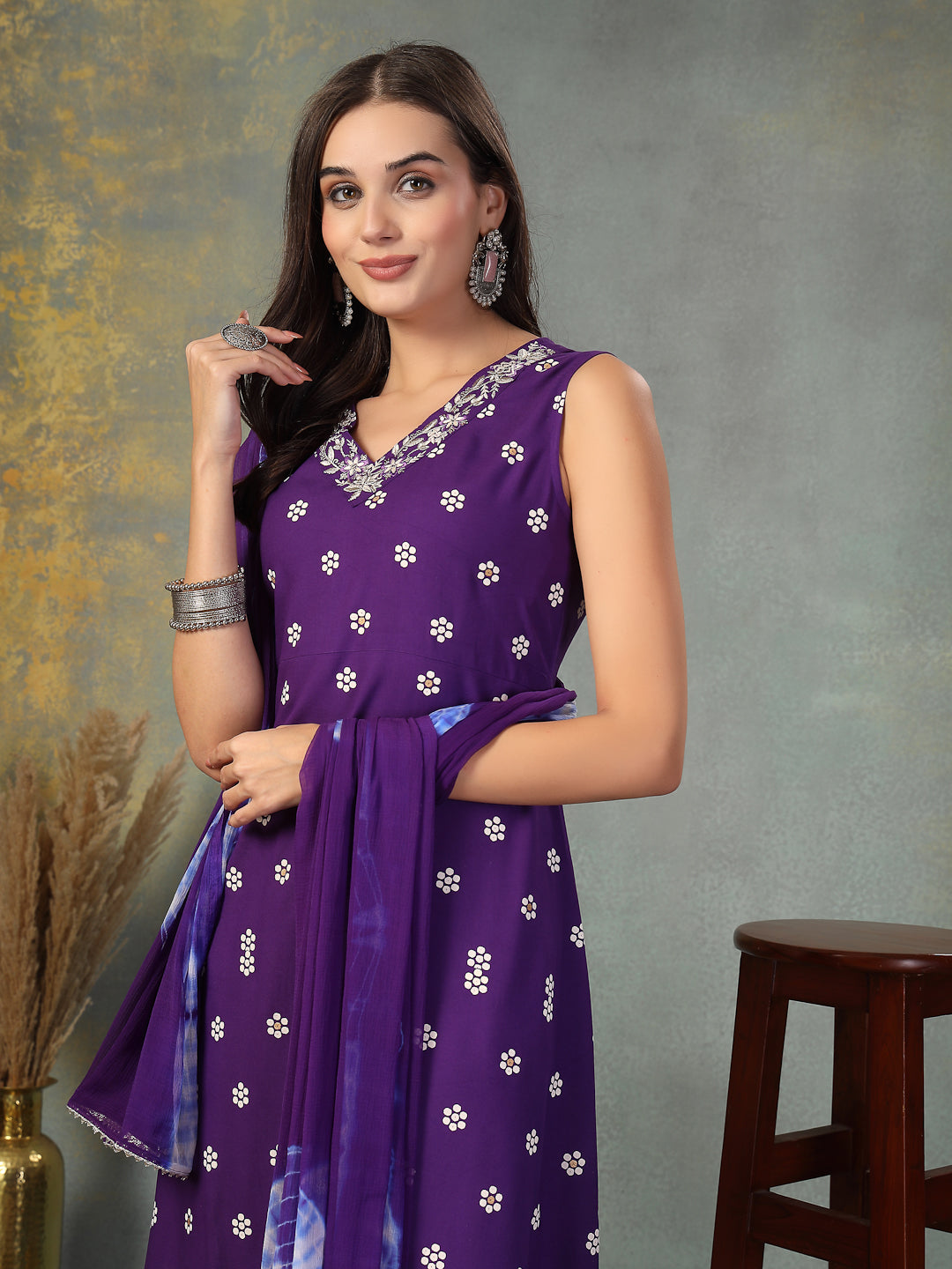 Women's Violet Floral Printed & Embroidered Rayon A-Line Kurta Pant Du