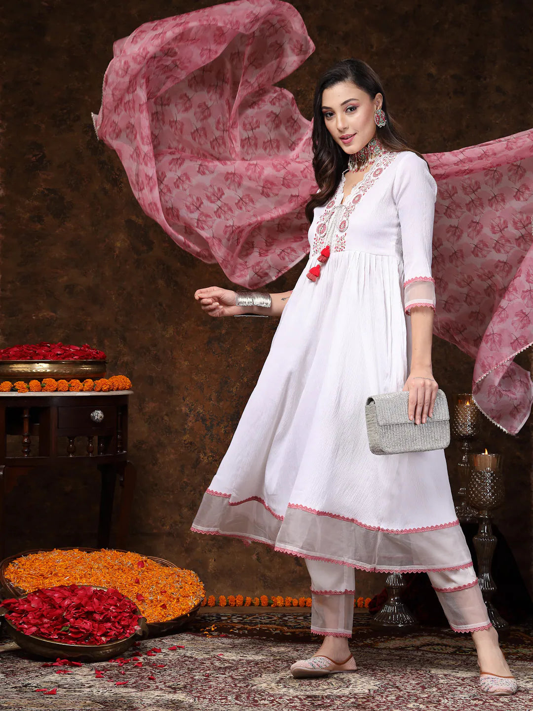 White Embroidered Kurta Set with Dupatta | Women's Indian Kurta