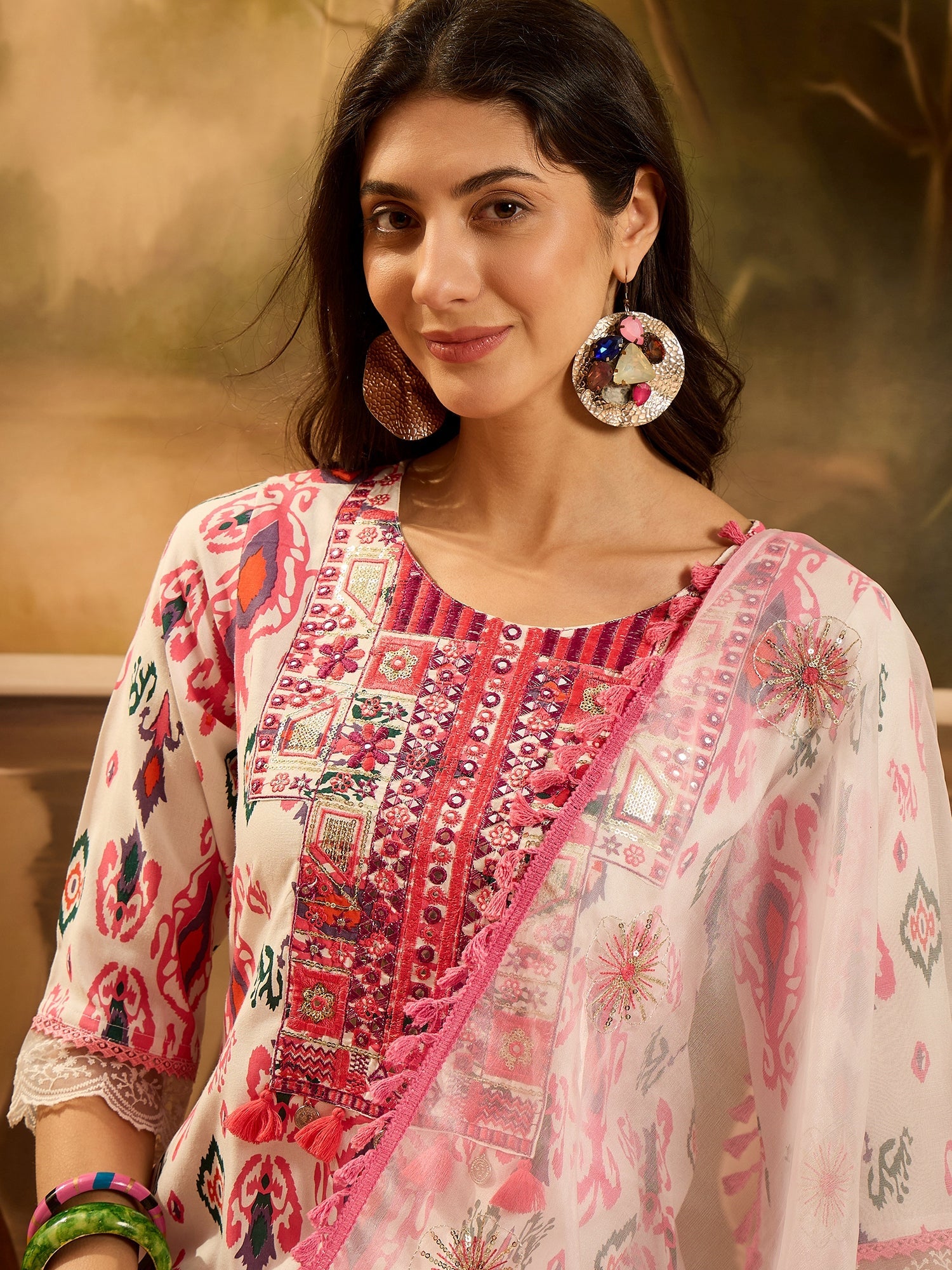 Women's White Ikat Printed & Embroidered Rayon A-Line Kurta Pant Dupat