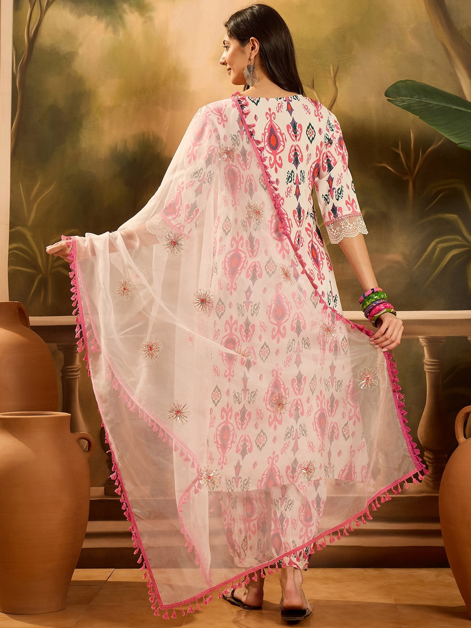 Women's White Ikat Printed & Embroidered Rayon A-Line Kurta Pant Dupat