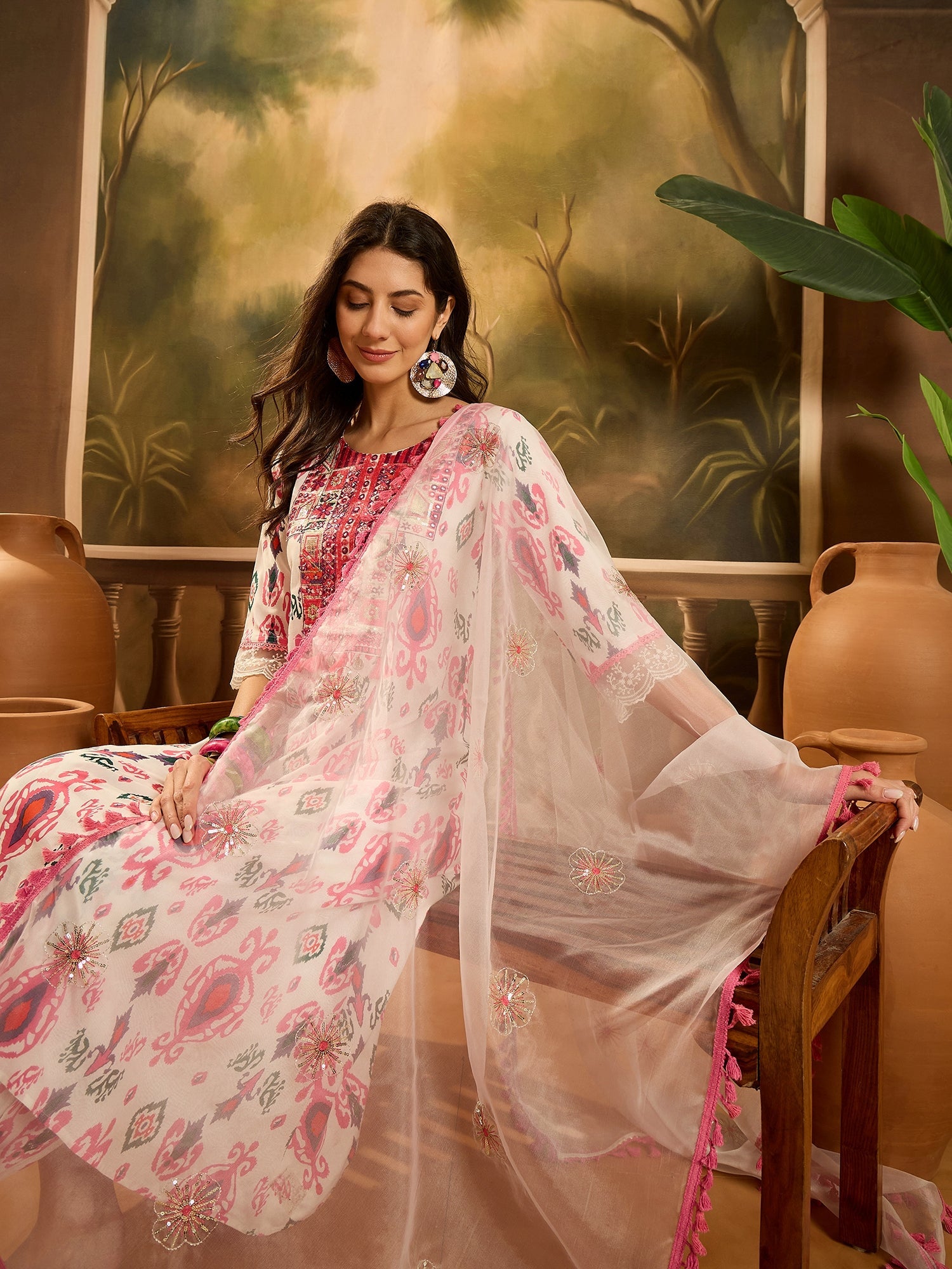 Women's White Ikat Printed & Embroidered Rayon A-Line Kurta Pant Dupat