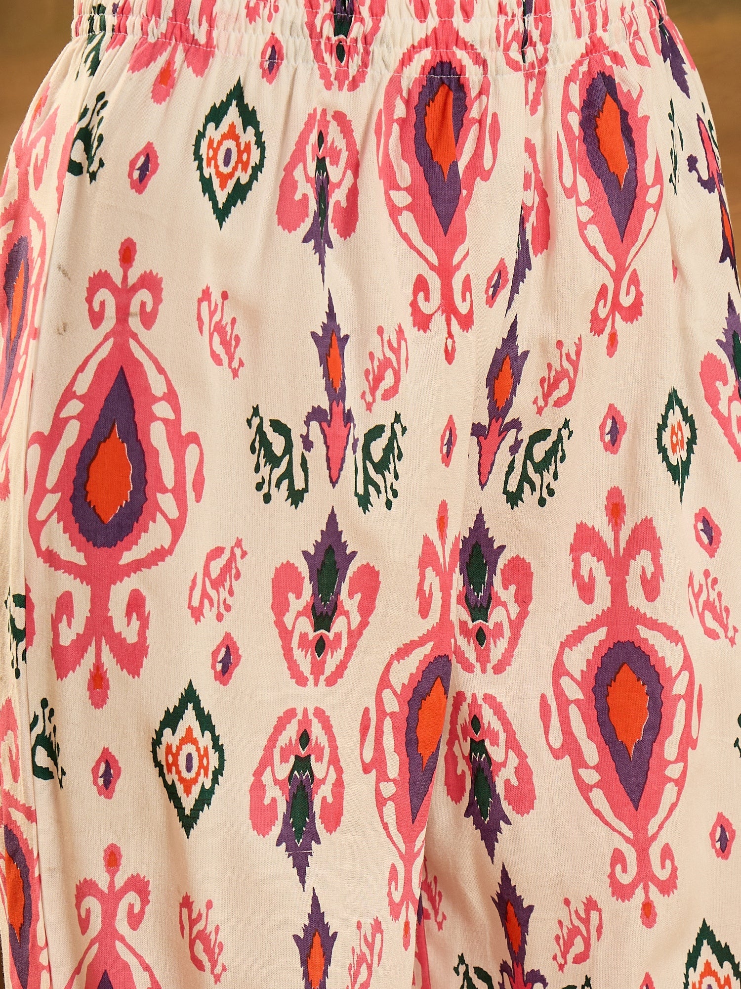 Women's White Ikat Printed & Embroidered Rayon A-Line Kurta Pant Dupat