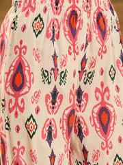 Stylum Women's White Ikat Printed & Embroidered Rayon A-Line Kurta Pant Dupatta Set (KPDWHITECASATTA)