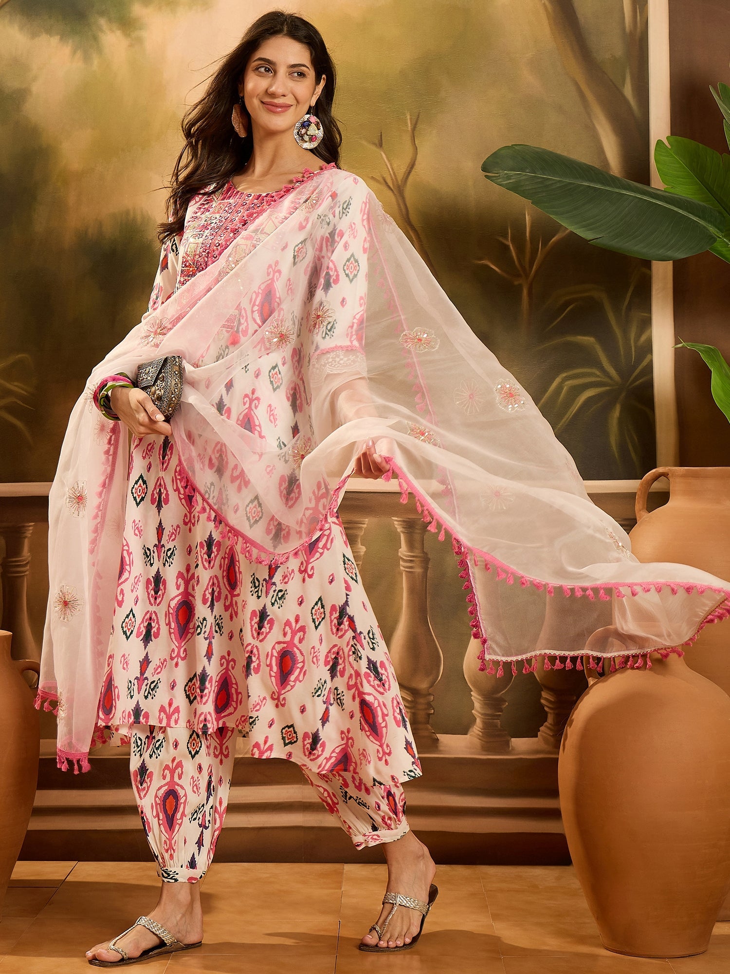 Women's White Ikat Printed & Embroidered Rayon A-Line Kurta Pant Dupat