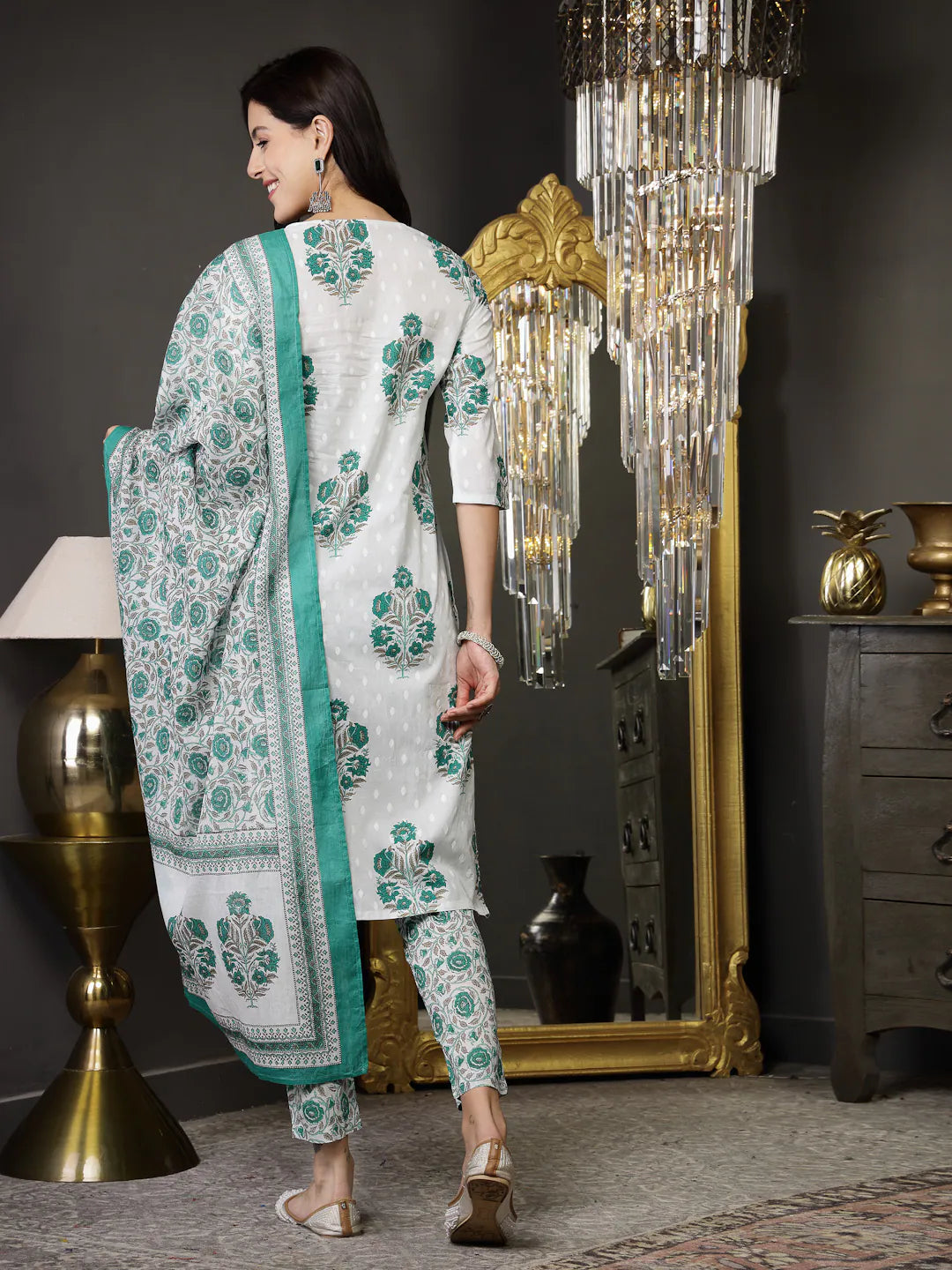 White Printed Cotton Kurta Set | Women's Indian Kurta Sets