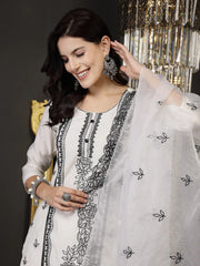 Women's White Pakistani Solid & Embroidered Silk Blend Straight Kurta Pant Dupatta-KPDWHITELEE