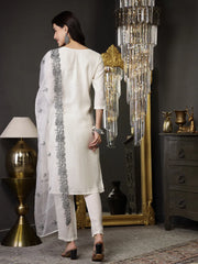 Women's White Pakistani Solid & Embroidered Silk Blend Straight Kurta Pant Dupatta-KPDWHITELEE