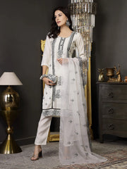 Women's White Pakistani Solid & Embroidered Silk Blend Straight Kurta Pant Dupatta-KPDWHITELEE