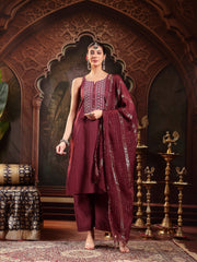Stylum Women's Wine Woven Design & Embroidered Cotton Blend Straight Kurta Palazzo Dupatta Set (KPDWINEBOHRA)