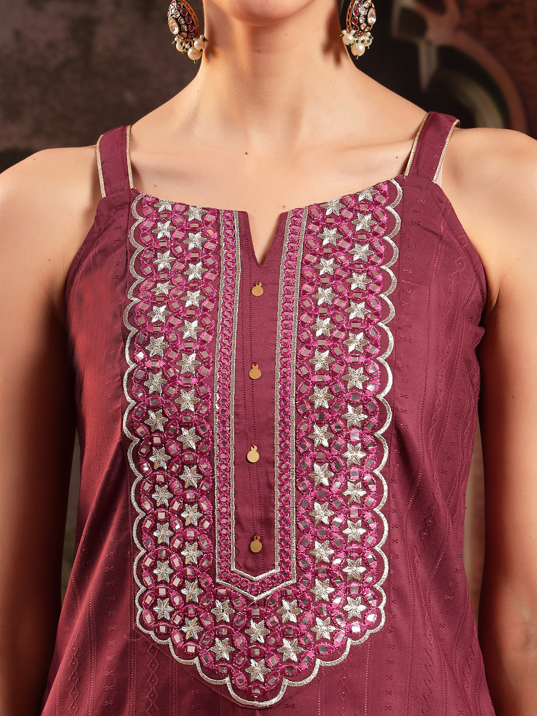 Women's Wine Woven Design & Embroidered Cotton Blend Straight Kurta Pa