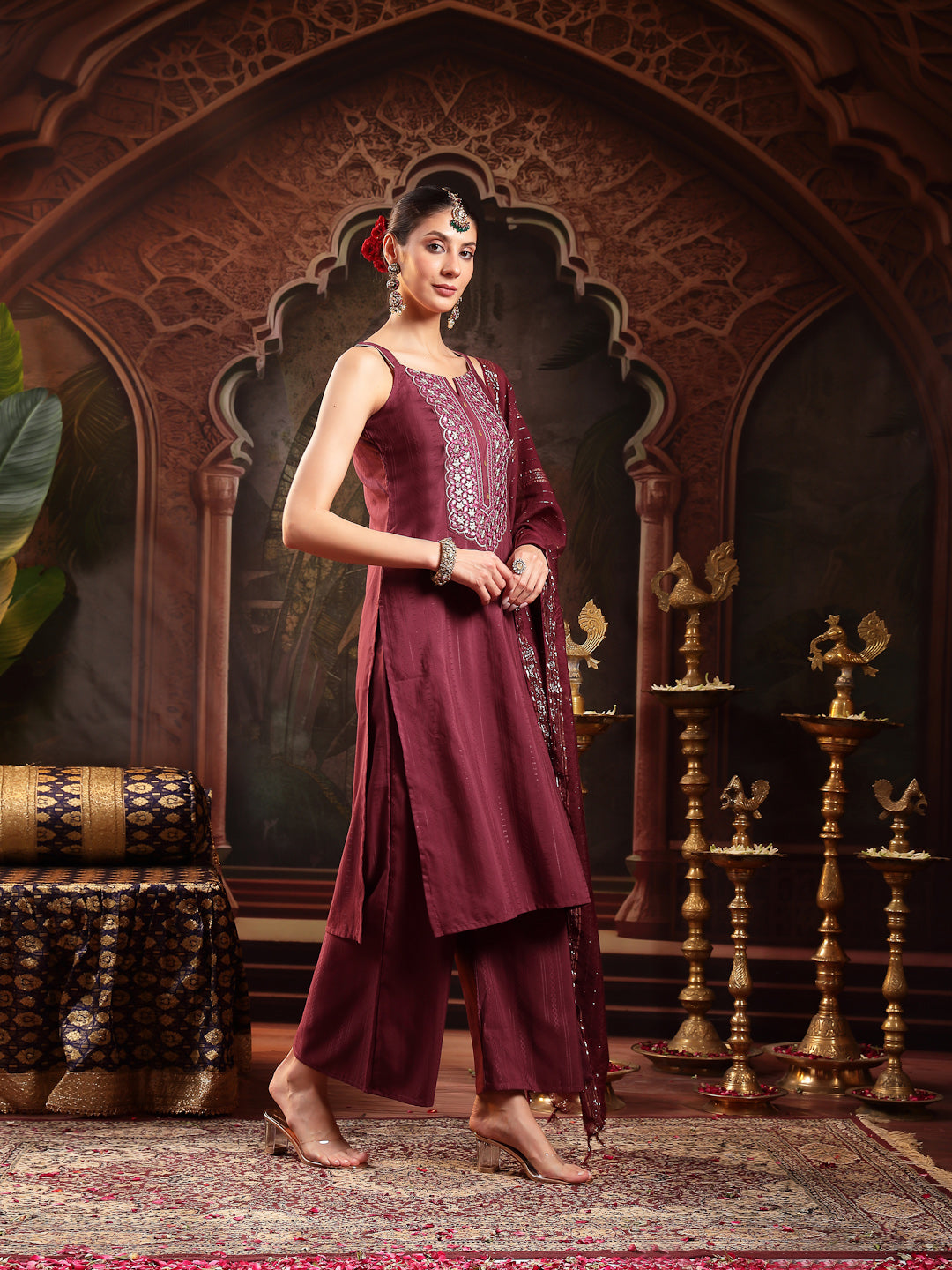 Women's Wine Woven Design & Embroidered Cotton Blend Straight Kurta Pa