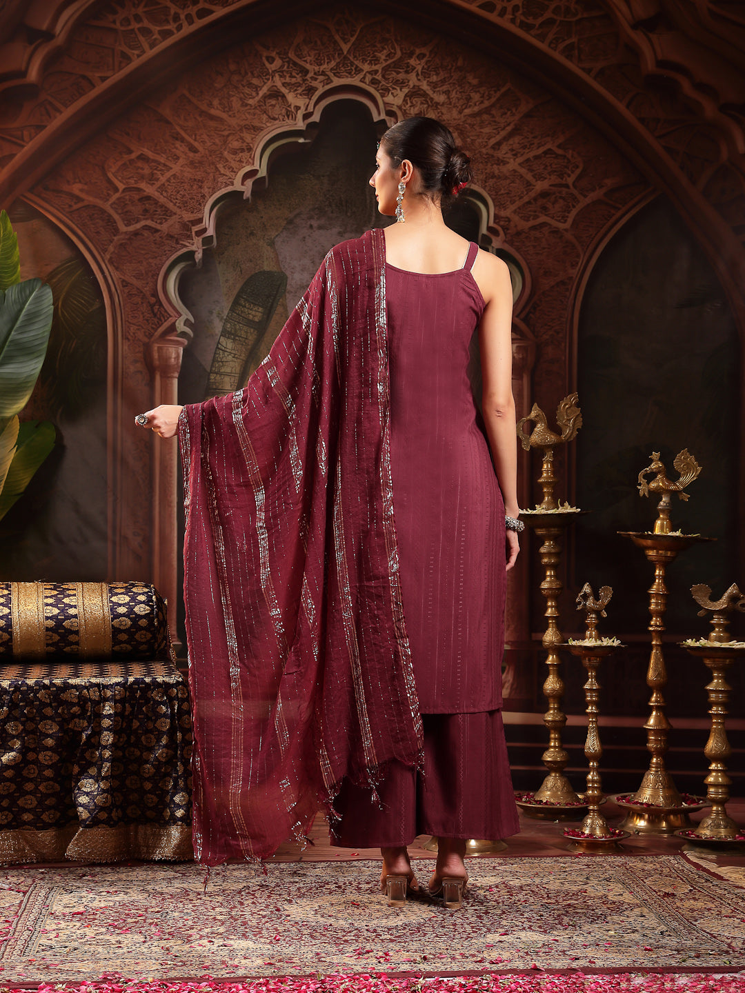 Women's Wine Woven Design & Embroidered Cotton Blend Straight Kurta Pa