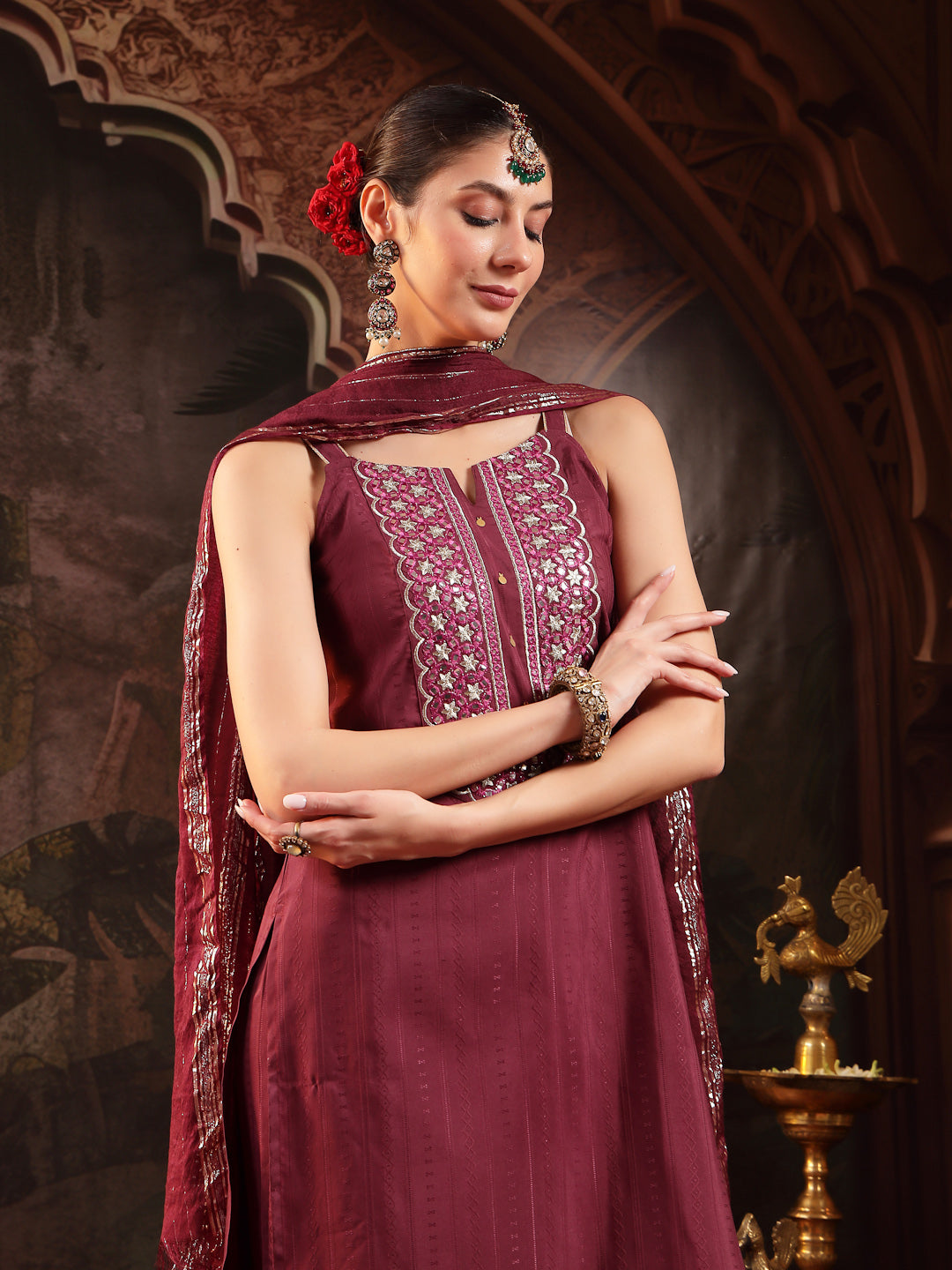 Women's Wine Woven Design & Embroidered Cotton Blend Straight Kurta Pa