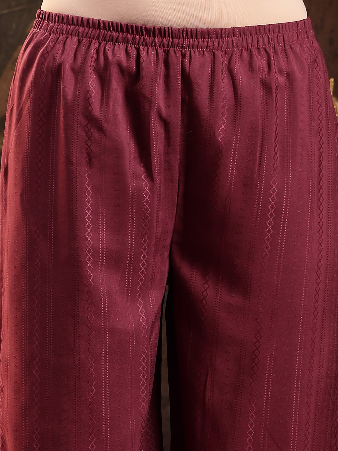 Women's Wine Woven Design & Embroidered Cotton Blend Straight Kurta Pa