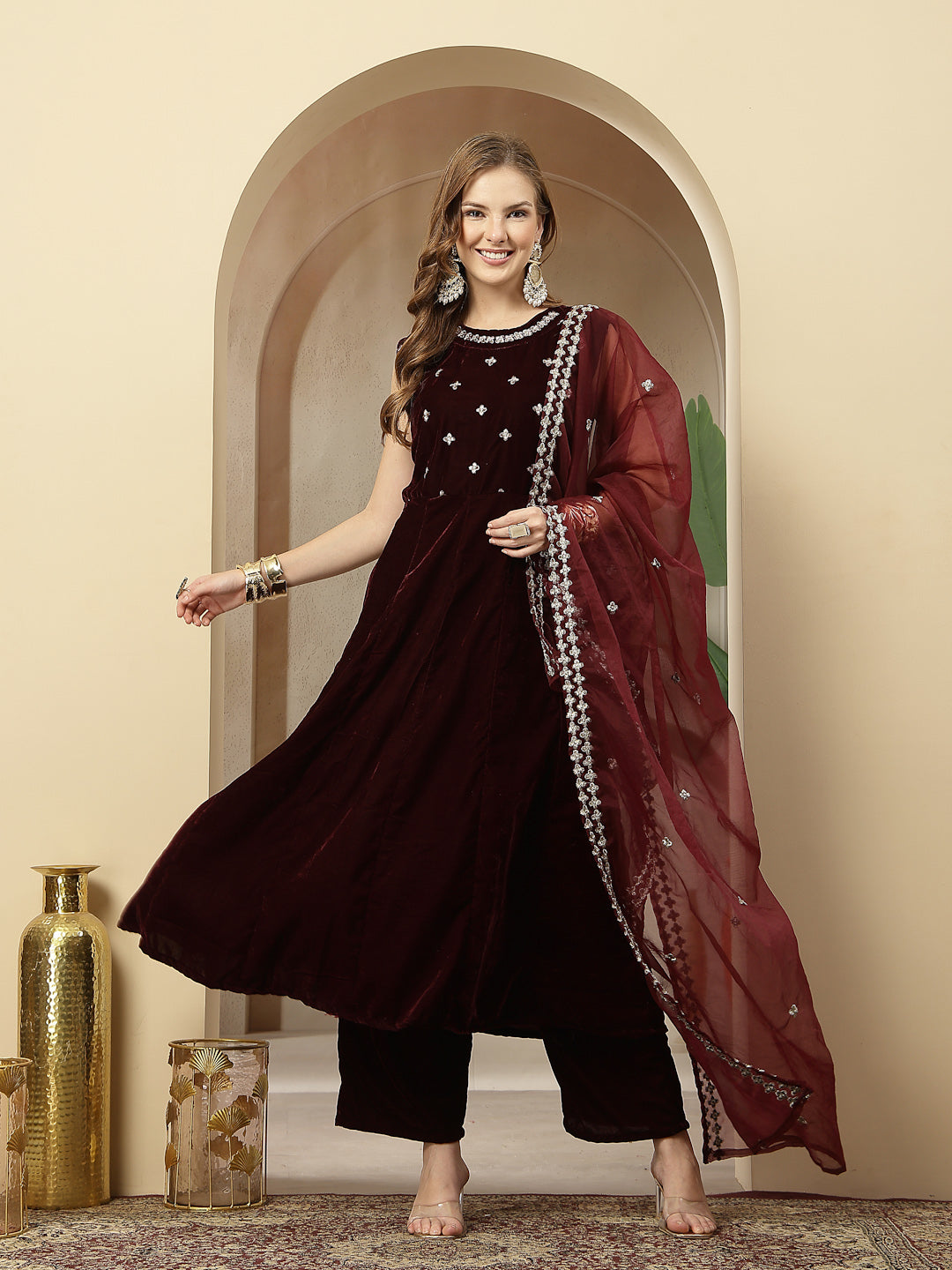 Women's Wine Solid & Embellished Velvet Anarkali Kurta Pant Dupatta Se