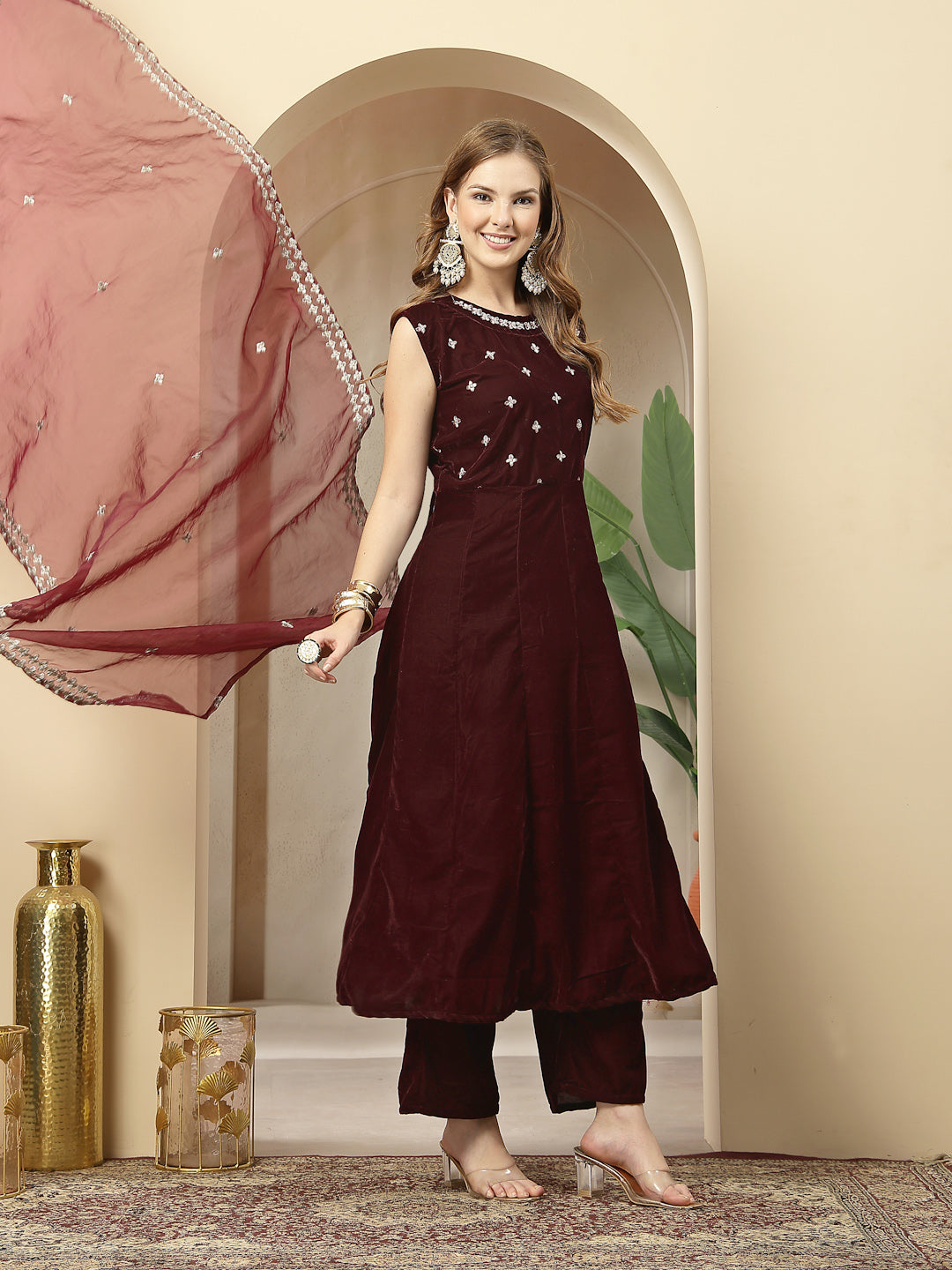 Women's Wine Solid & Embellished Velvet Anarkali Kurta Pant Dupatta Se