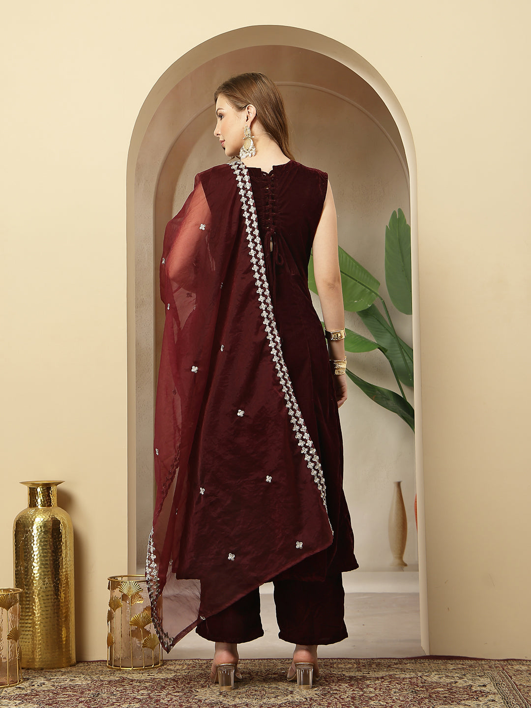 Women's Wine Solid & Embellished Velvet Anarkali Kurta Pant Dupatta Se