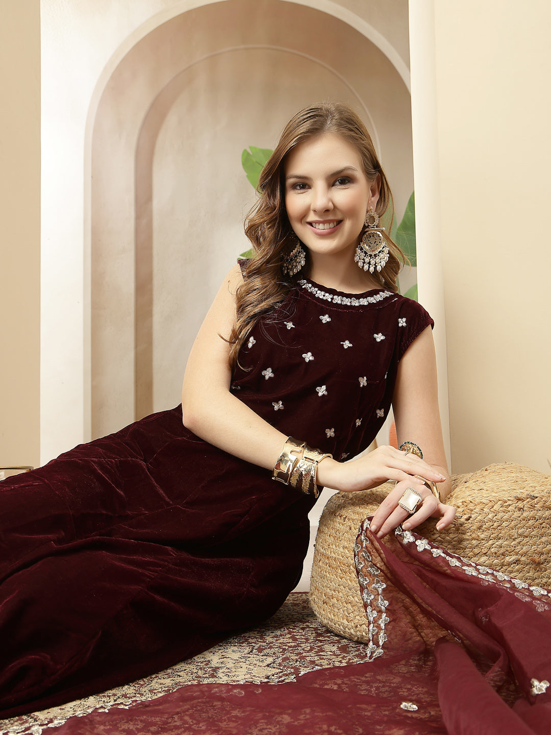 Women's Wine Solid & Embellished Velvet Anarkali Kurta Pant Dupatta Se