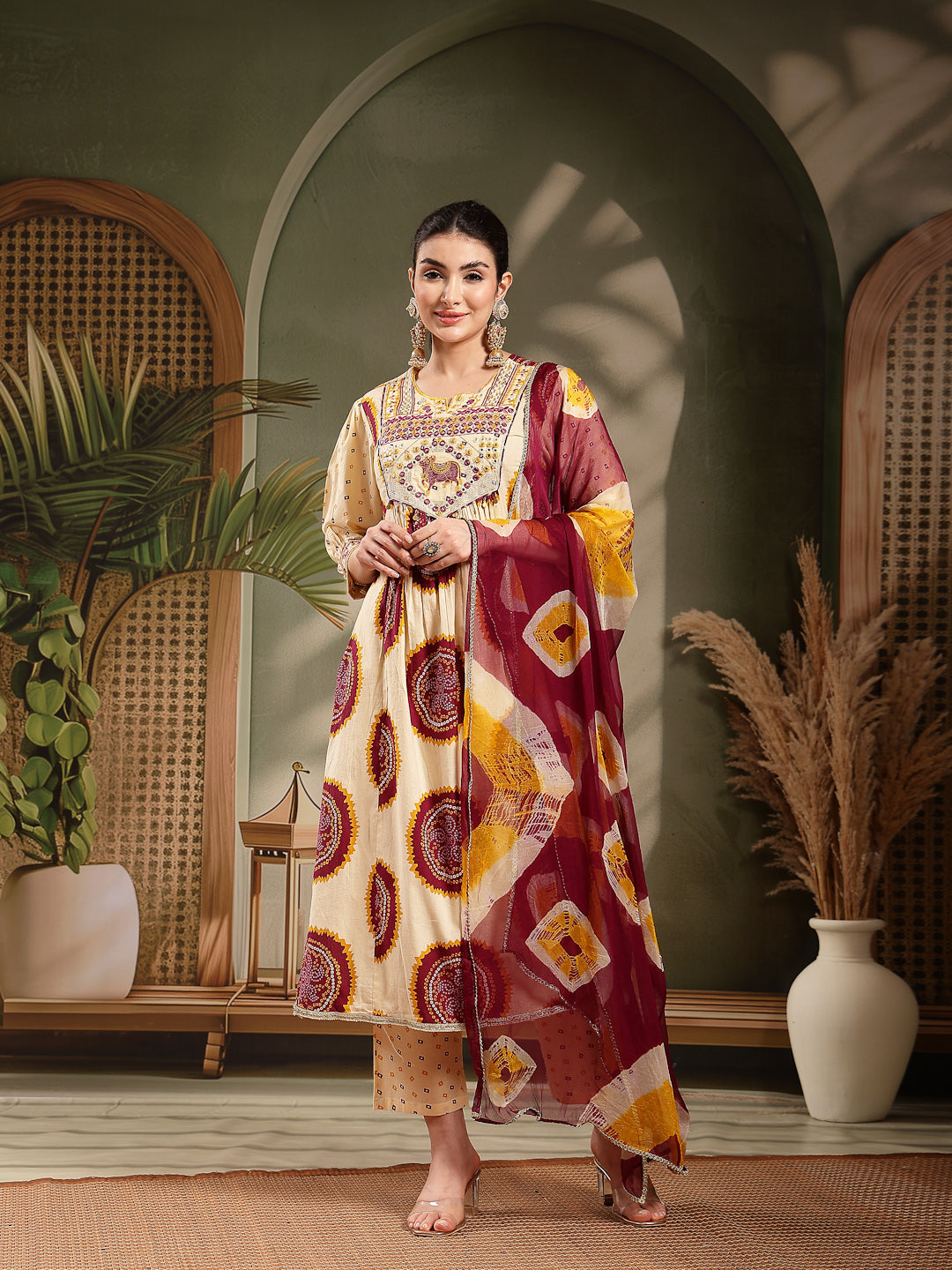 Women's Wine Bandhej Printed & Embroidered Cotton A-Line Kurta Pant Du