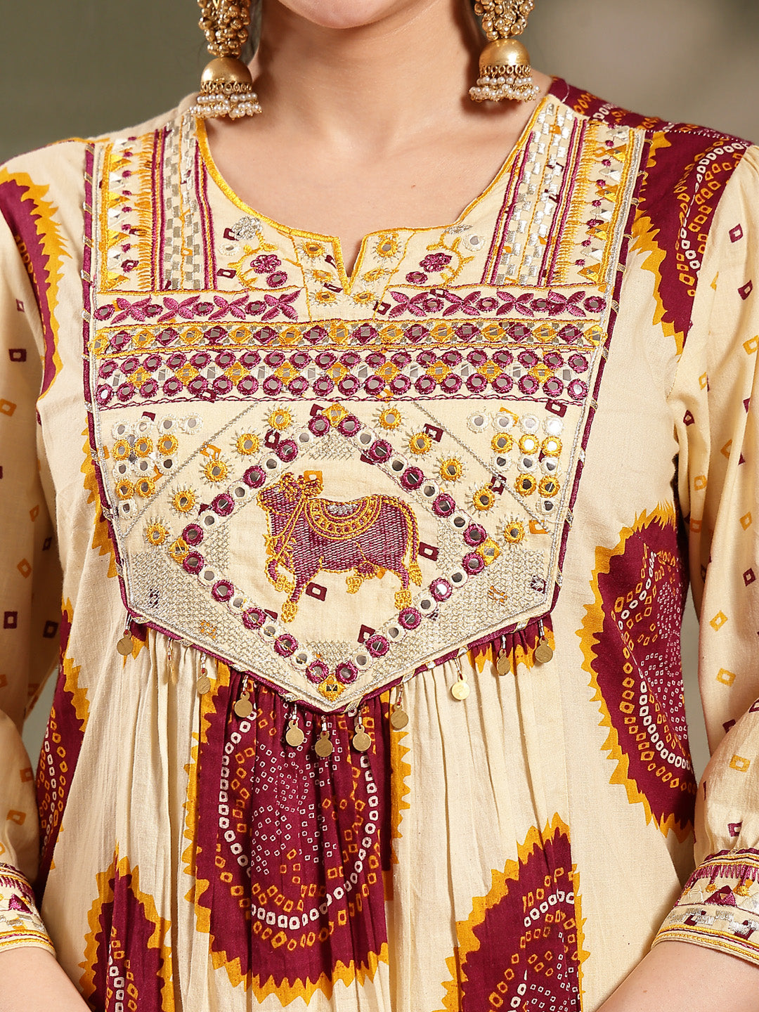 Women's Wine Bandhej Printed & Embroidered Cotton A-Line Kurta Pant Du