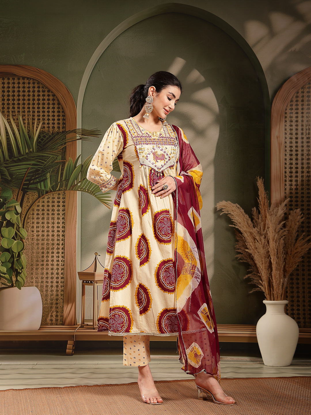 Women's Wine Bandhej Printed & Embroidered Cotton A-Line Kurta Pant Du